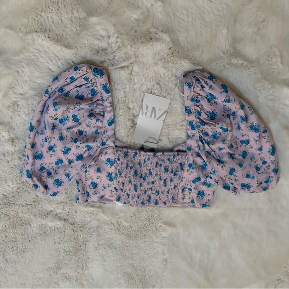 NWT Zara light purple with blue floral print cropped milkmaid busteir top - Picture 5 of 7